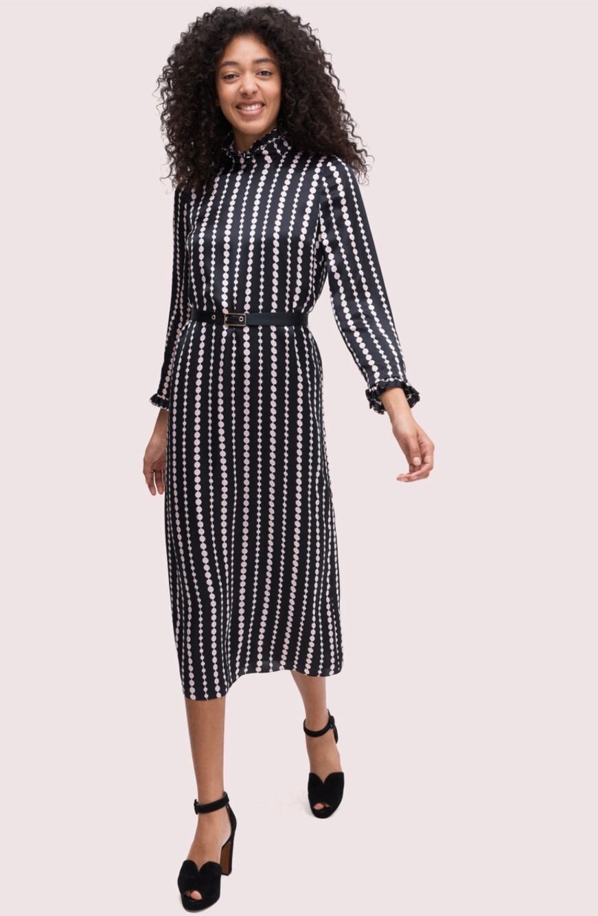 Kate Spade Pearl drops ruffle long sleeves, 100% silk midi belted dress size 2